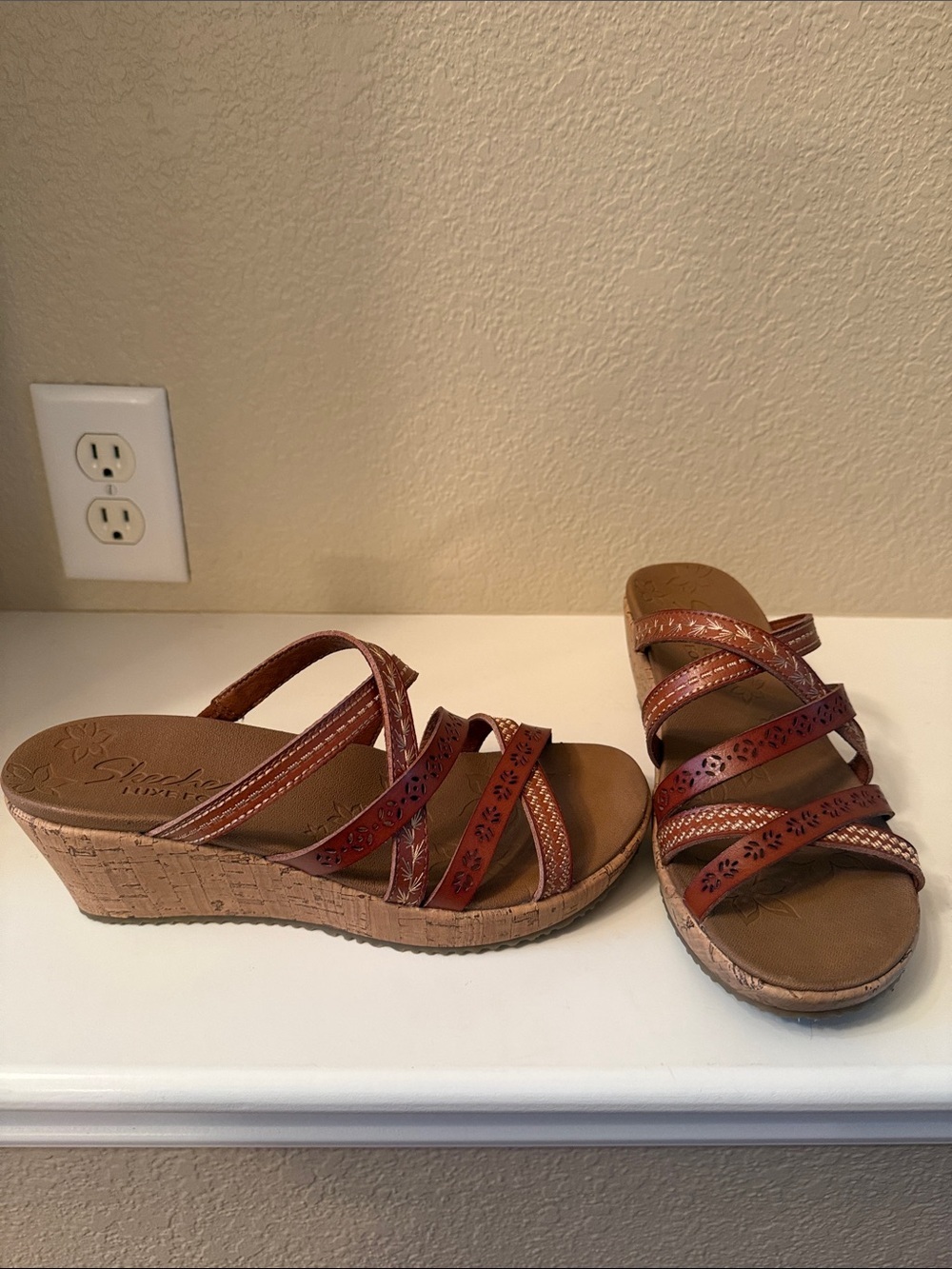 Skechers Brown Multi-Strap Wedge Sandals - Picture 1 of 16